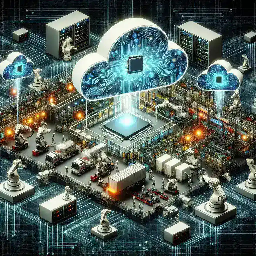 "Cloud robotics control systems diagram illustrating distributed intelligence architecture for automation, showcasing interconnected robots and cloud computing technologies."