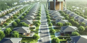 "Amazon drone flying over Las Vegas suburbs for delivery pilot program, showcasing innovative technology in urban logistics."