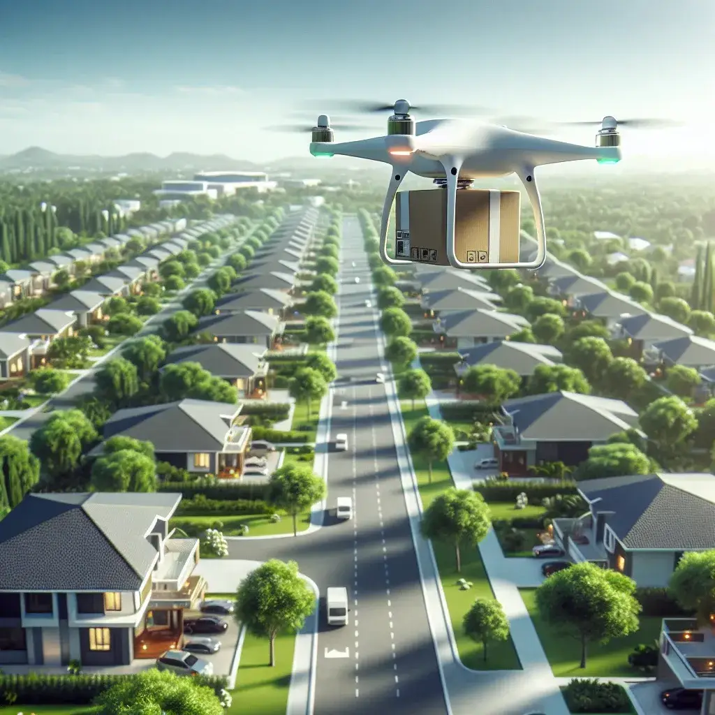 "Amazon drone flying over Las Vegas suburbs for delivery pilot program, showcasing innovative technology in urban logistics."