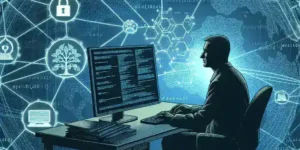 "Ethical hacker analyzing network security measures on a computer screen to protect critical infrastructure against cyber threats."