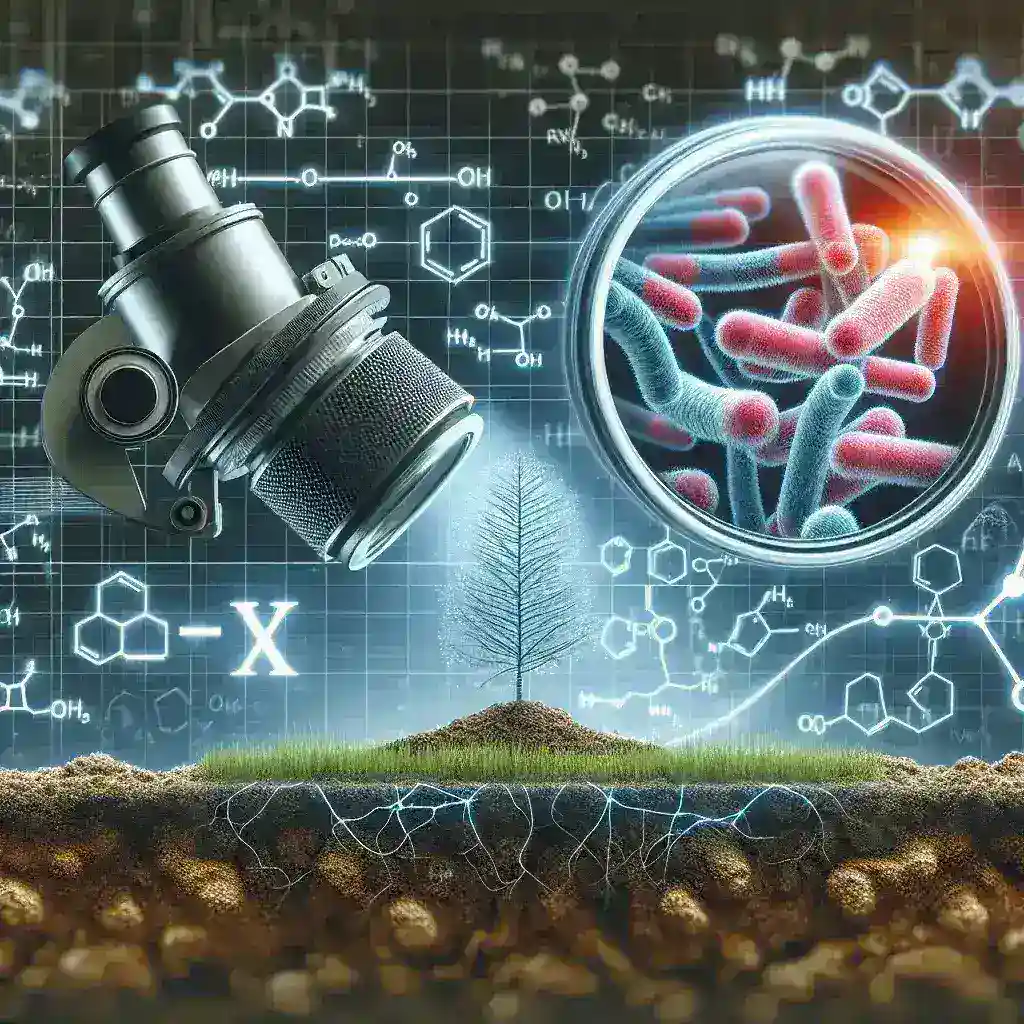 "Illustration of AI algorithms analyzing soil bacteria samples to discover new potential antibiotic compounds for medical use."