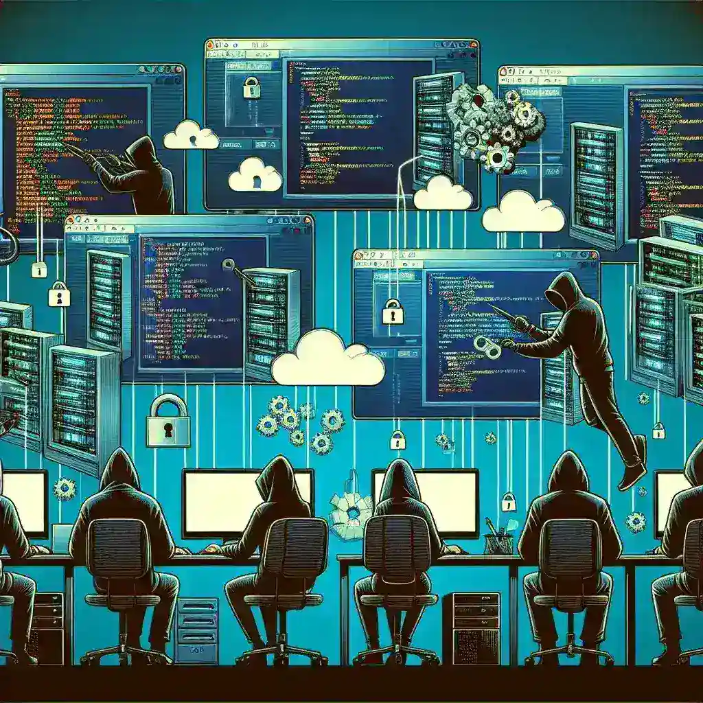 "Illustration of a hacker exploiting vulnerabilities in serverless computing architecture, highlighting security risks and attack vectors in cloud environments."