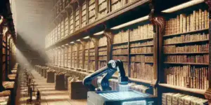 "Robotic arm scanning historical documents at the U.S. National Archives during mass digitization project to preserve American history."