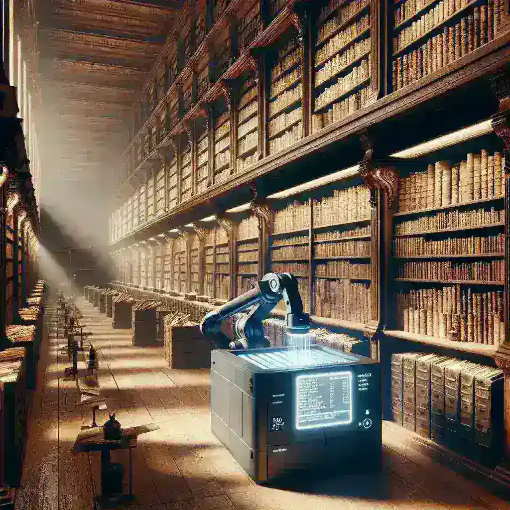 "Robotic arm scanning historical documents at the U.S. National Archives during mass digitization project to preserve American history."