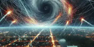 "Image depicting the aftermath of a hurricane, showcasing fallen power lines and flooded streets, illustrating the impact of natural disasters on digital infrastructure vulnerabilities."