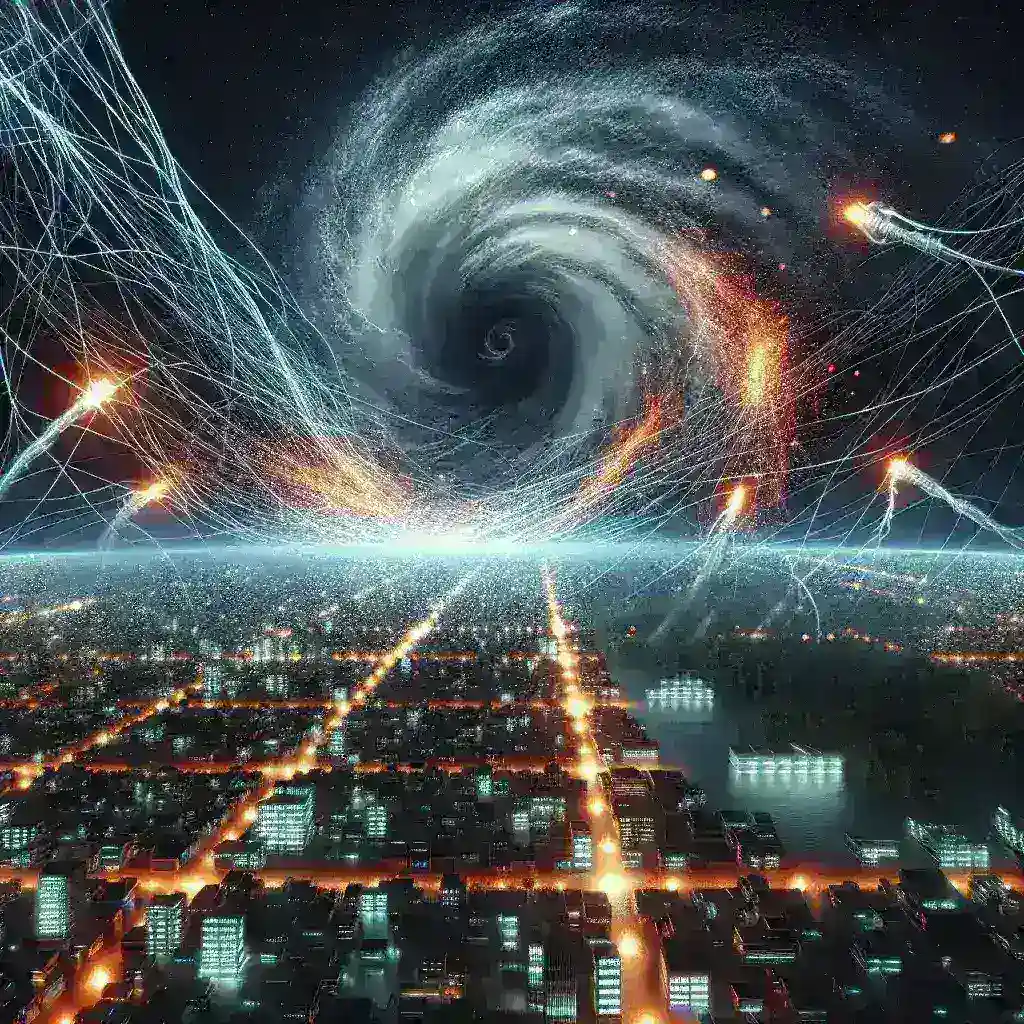 "Image depicting the aftermath of a hurricane, showcasing fallen power lines and flooded streets, illustrating the impact of natural disasters on digital infrastructure vulnerabilities."
